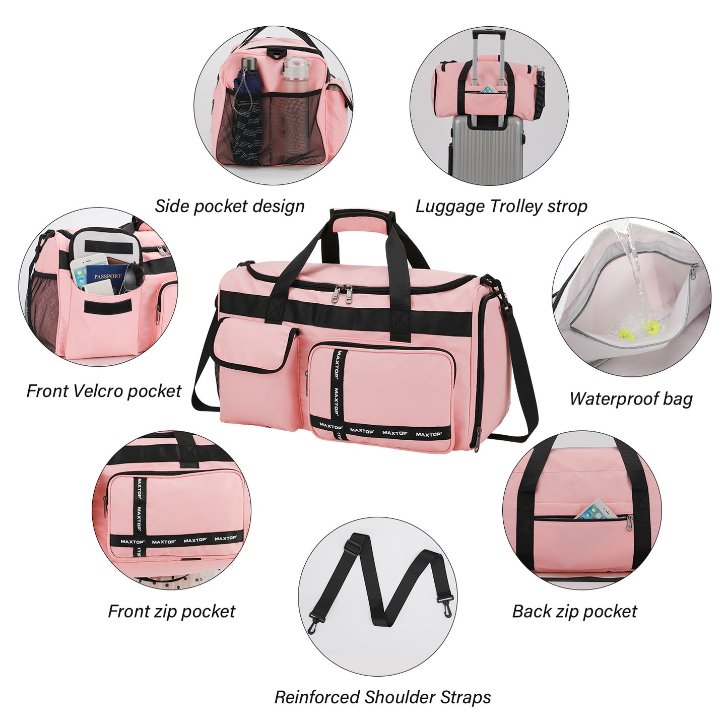 MAXTOP Gym bag Travel Duffle Bag for Women, Carry On Tote Weekender Overnight Bag, Large Capacity Duffel Bag With Shoe Compartment, Yoga Tote Bag with Dry and Wet Separation Pink