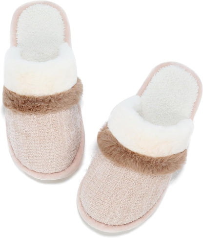 Womens Cozy Memory Foam Slippers Soft Warm Slip On Faux Fur House Slippers,Anti-Skid Rubber Sole,Creative Gifts for Women Mom Girlfriend